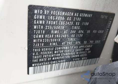 2013 Volkswagen Tiguan S из США, поврежденный, VIN WVGAV3AX1DW574009